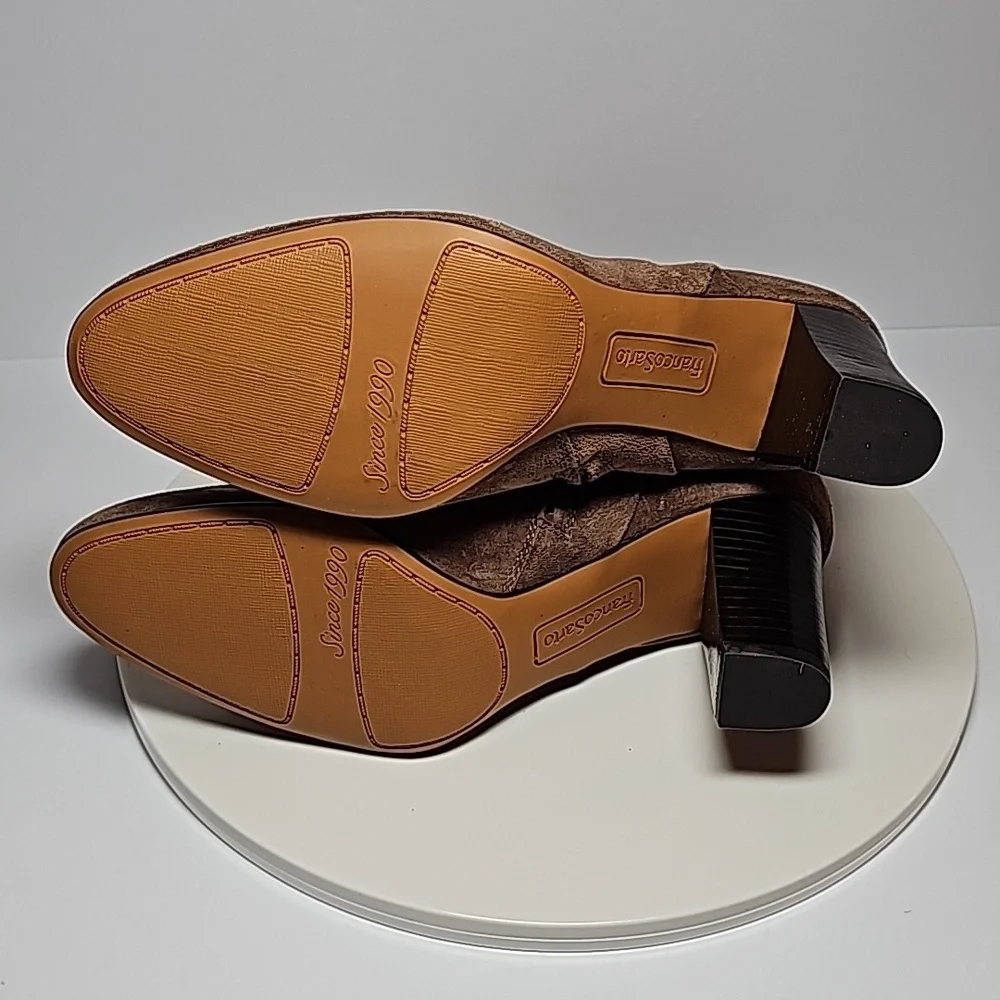 Franco Sarto Pia Suede Ankle Booties Brown 7.5 Side Zip Almond Toe Heeled Boots